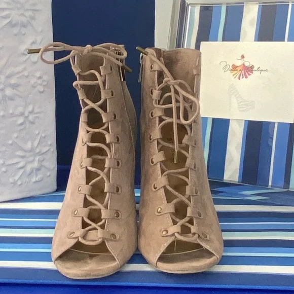 Light brown/beige suede like lace up open toe chunky high heel ankle booties - Picture 15 of 15